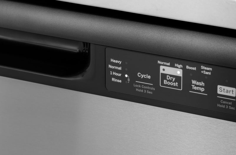 Lave-vaisselle encastré GE de 24 po et de 59 dBA avec commandes à l’avant et broyeur d’aliments solides PiranhaMC - acier inoxydable - GDF510PSRSS