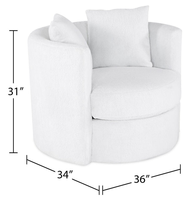Fauteuil d’appoint pivotant Cuddler Petite de 36 po fabriqué au Canada en tissu de chenille - blanc Plush Heaven