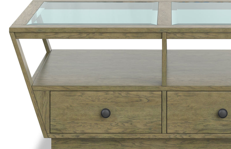 Table à café traditionnelle Esme de 48 po avec dessus en verre, rangement et tablette - bois brun clair