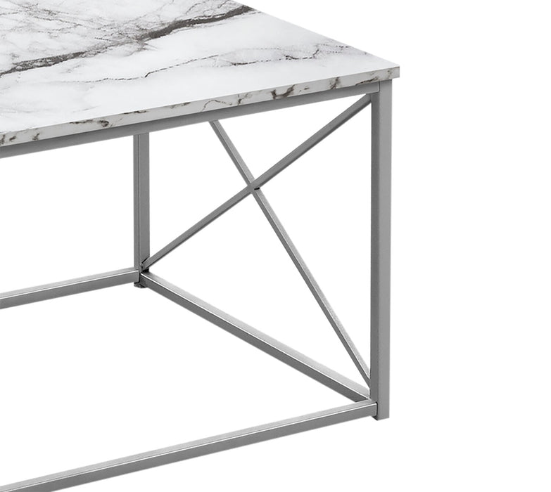 Ensemble 3 tables modernes Kasey de 42,25 po (table à café et 2 tables de bout) - imitation de marbre blanc avec base en métal gris