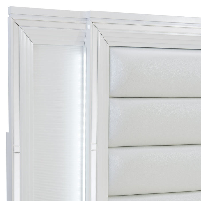 Ensemble de chambre à coucher Max 6 pièces somptueux avec lit de rangement, commode, miroir, table de nuit et éclairage à DEL, blanc - format grand lit