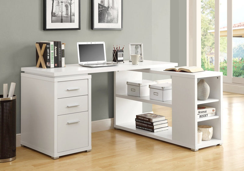 Bureau en coin en forme de L Rickey de 60 po à 3 tiroirs et tablettes - blanc