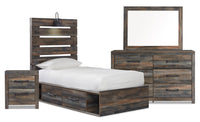 Ensemble de chambre à coucher Abby 6 pièces avec lit de rangement latéral, commode, miroir, table de nuit, lumière DEL et port USB, brun - lit simple