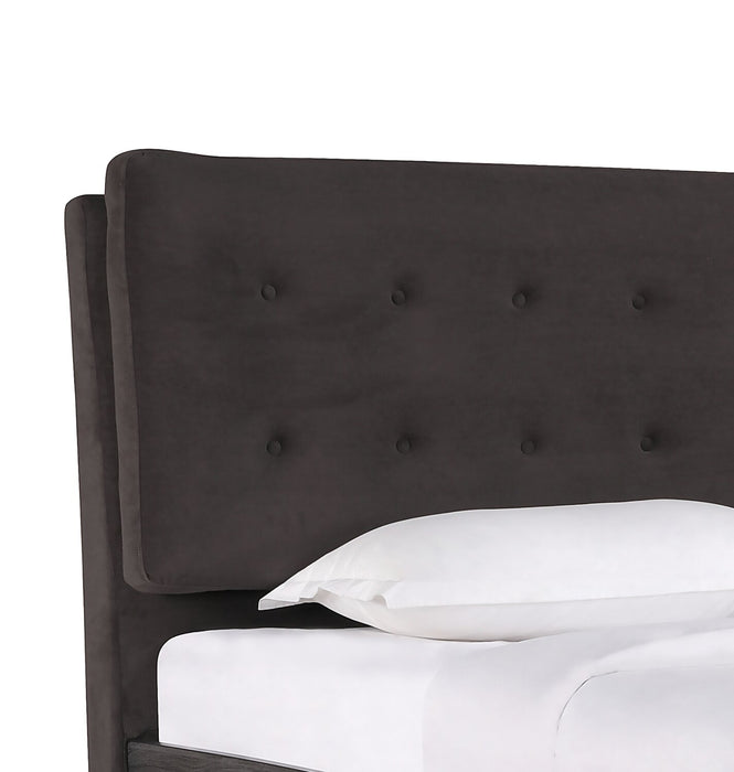 Lit plateforme rembourré Nash en tissu gris foncé avec capitonnage à boutons - format grand lit