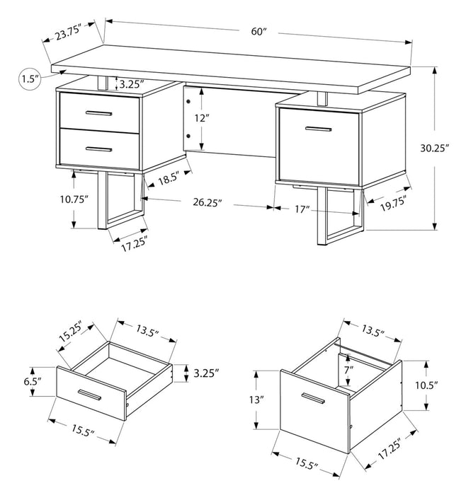 Bureau réversible Teagan de 60 po à 3 tiroirs - apparence béton gris