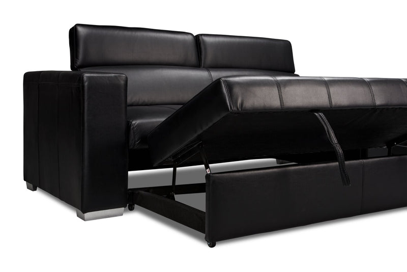 Sofa-lit Drake de 87 po en tissu d’apparence cuir avec lit rétractable, appuie-têtes relevables et capitonnage à boutons - noir