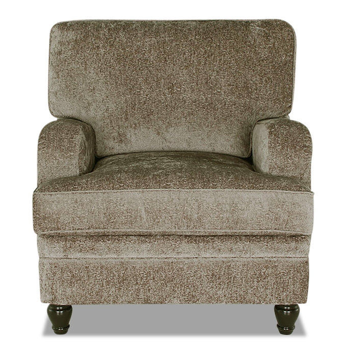 Fauteuil Bellmont de 38 po fabriqué au Canada en tissu de chenille avec pattes en bois - brun caramel