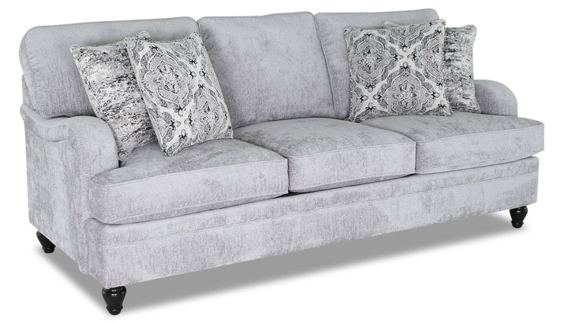 Sofa Bellmont de 89 po fabriqué au Canada en tissu de chenille avec coussins réversibles et pattes en bois - gris platine