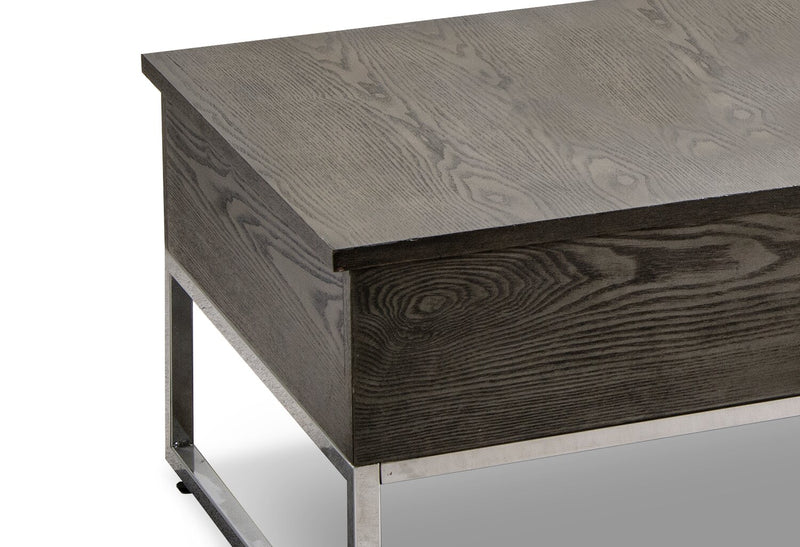 Table à café moderne Echo de 47,25 po avec dessus relevable et rangement - brune avec pattes en métal argenté