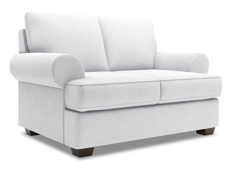 Causeuse personnalisable Roll de Sofa Lab de 64 po fabriquée au Canada en tissu d’apparence lin avec accoudoirs enroulés - blanc Pax Ice
