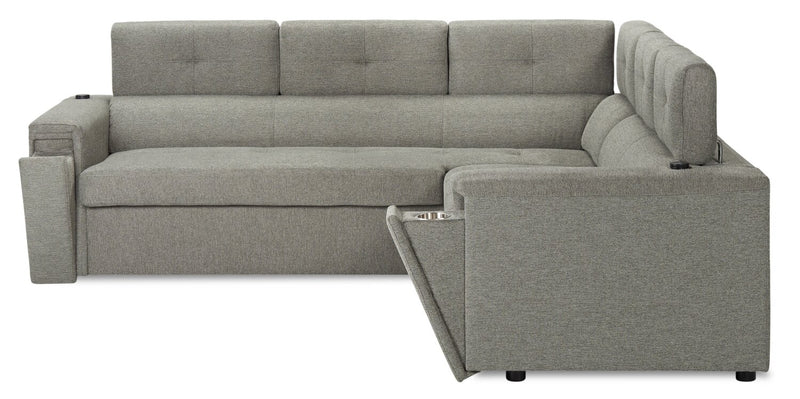 Sofa sectionnel de gauche Savvy 2 pièces en tissu d’apparence lin avec appuie-têtes réglables, porte-gobelets et port USB - gris