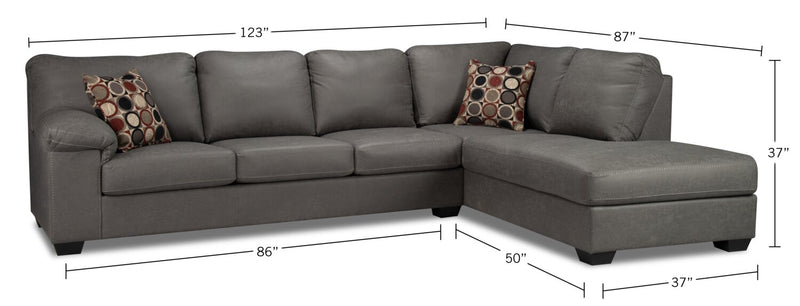 Sofa sectionnel de droite Morty 2 pièces fabriqué au Canada en tissu d’apparence cuir avec sofa et coussins décoratifs - gris