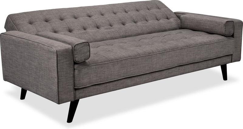 Futon Avery de 81,5 po en tissu d’apparence lin avec mécanisme Klik Klak, capitonnage et deux accoudoirs coussinés - gris