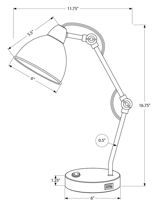 Lampe de travail et de bureau de 17 po en métal nickel avec recharge USB
