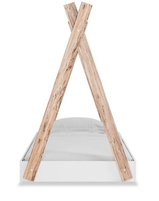 Lit plateforme Wolf en forme de tente pour enfants, deux teintes, blanc et naturel - format lit simple
