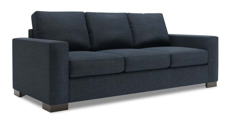 Sofa personnalisable Track de Sofa Lab de 85 po fabriqué au Canada en tissu d’apparence lin avec accoudoirs rectilignes - bleu Luna Sailor