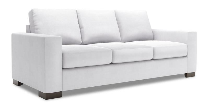 Sofa-lit personnalisable Track de Sofa Lab de 85 po fabriqué au Canada en tissu d’apparence lin avec accoudoirs rectilignes - blanc Pax Ice
