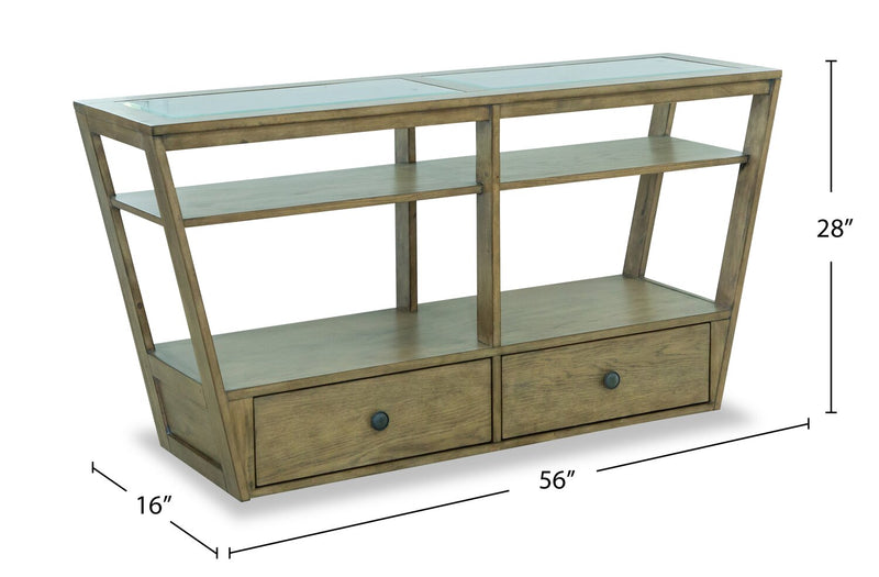 Table de salon traditionnelle Esme de 56 po avec dessus en verre, rangement et tablette - bois brun clair