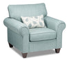 Fauteuil Scarlett de 41,5 po fabriqué au Canada en tissu de chenille avec accoudoirs enroulés et coussin décoratif - bleu marine