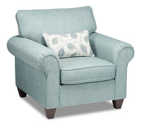  Fauteuil Scarlett de 41,5 po fabriqué au Canada en tissu de chenille avec accoudoirs enroulés et coussin décoratif - bleu marine