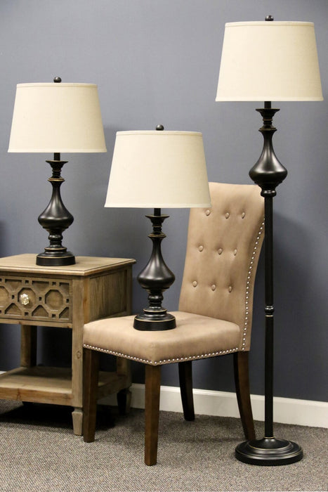 Ensemble 3 lampes Julia traditionnelles bronze antique, 2 lampes de table et 1 lampe à pied