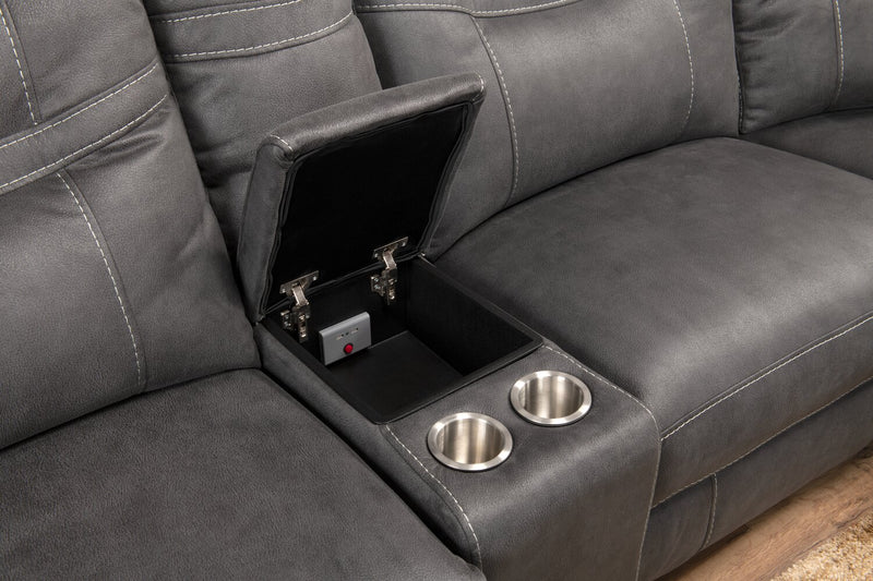 Sofa sectionnel à inclinaison électrique Floy 5 pièces en suédine avec appuie-têtes électriques, console de rangement et port USB - gris