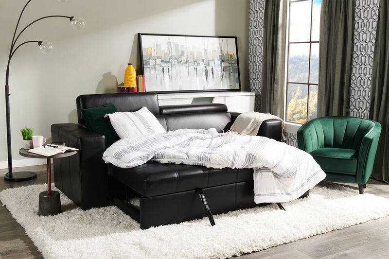 Sofa-lit Drake de 87 po en tissu d’apparence cuir avec lit rétractable, appuie-têtes relevables et capitonnage à boutons - noir