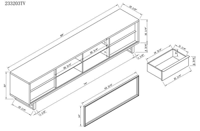 Meuble pour téléviseur moderne Amelia de 89 po x 15.5 po avec rangement et système de gestion des câbles pour téléviseurs jusqu’à 100 po - deux teintes, blanc et noir