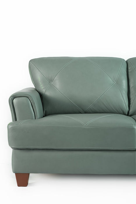 Causeuse Vita de Château d’Ax de 70 po en cuir 100 % véritable avec coutures à motif de diamant et pattes en bois - vert écume de mer