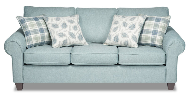 Sofa Scarlett de 87 po fabriqué au Canada en tissu de chenille avec accoudoirs enroulés et coussins décoratifs - bleu marine