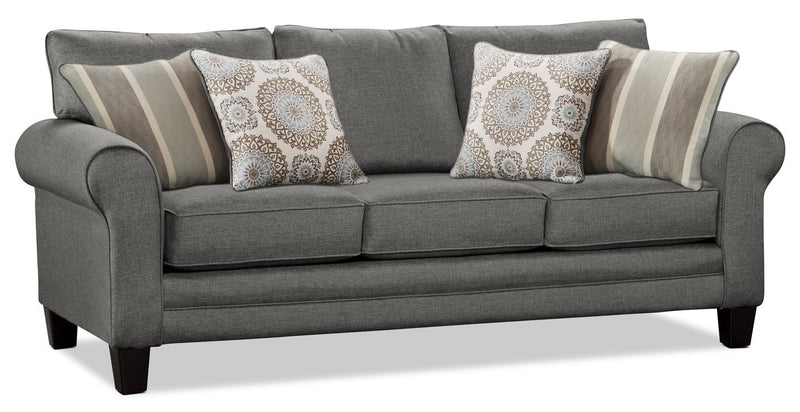 Sofa Tula de 88 po fabriqué au Canada en tissu avec accoudoirs enroulés et coussins décoratifs - gris acier