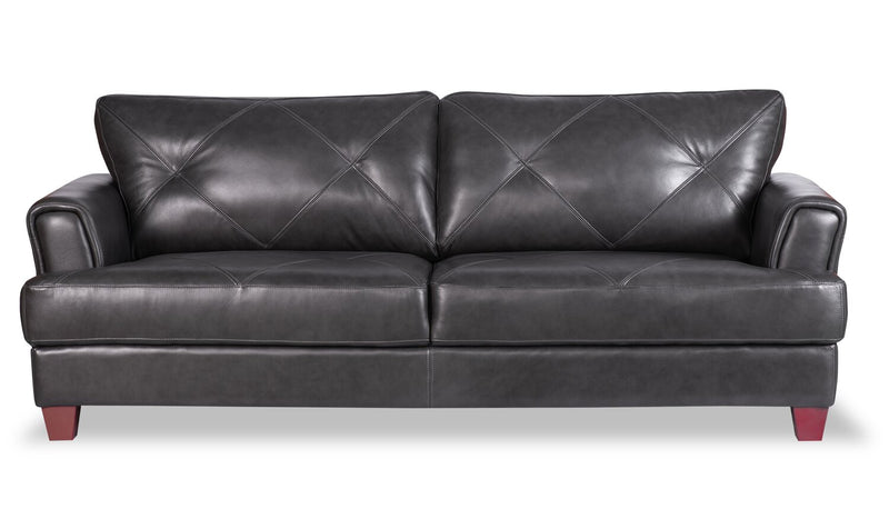 Sofa Vita de Château d’Ax de 87 po en cuir 100 % véritable avec coutures à motif de diamant et pattes en bois - gris anthracite