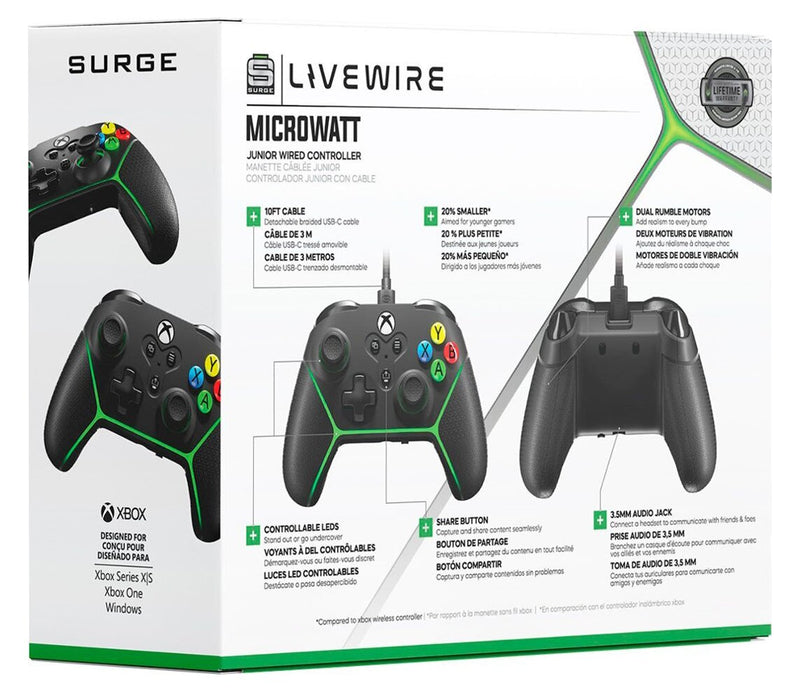 Manette câblée One Surge Livewire Microwatt Junior pour consoles Xbox One et Xbox de séries X et S 