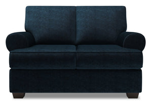 Causeuse personnalisable Roll de Sofa Lab de 64 po fabriquée au Canada en tissu d’apparence lin avec accoudoirs enroulés - bleu Luxury Indigo