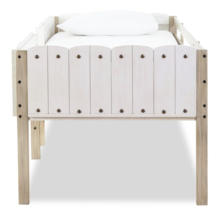 Lit mezzanine Ryan avec garde-corps et échelle pour enfants, blanc et naturel - format lit simple