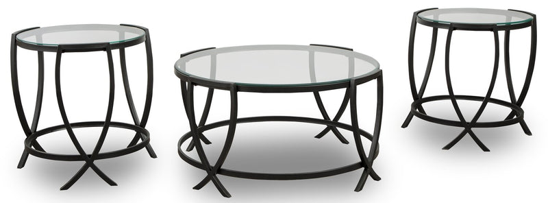 Ensemble 3 tables rondes modernes Tarrin de 36,13 po (table à café et 2 tables de bout) - dessus en verre avec pattes en métal