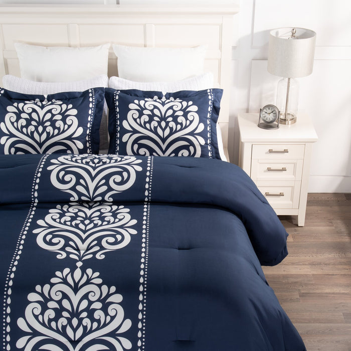 Ensemble d'édredon Navy Damask 3 pièces pour lit double ou grand lit