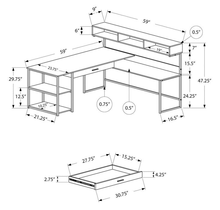 Bureau en coin en forme de L Oaklee de 59 po avec crédence - blanc