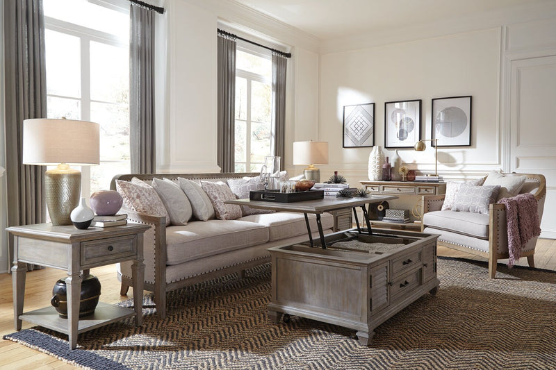 Table de salon traditionnelle Lancaster de 50 po avec rangement et tablette - grise et pin bronze