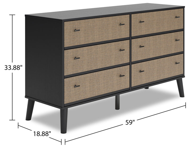 Commode moderne du milieu du 20e siècle Kylo de 59 po (L) x 33,9 po (H) à 6 tiroirs pour la chambre à coucher - deux teintes, noir et beige