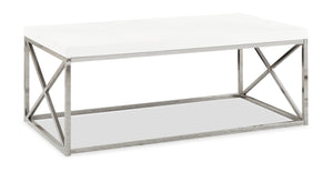 Table à café moderne Harper de 44 po - blanche avec base en métal chromé