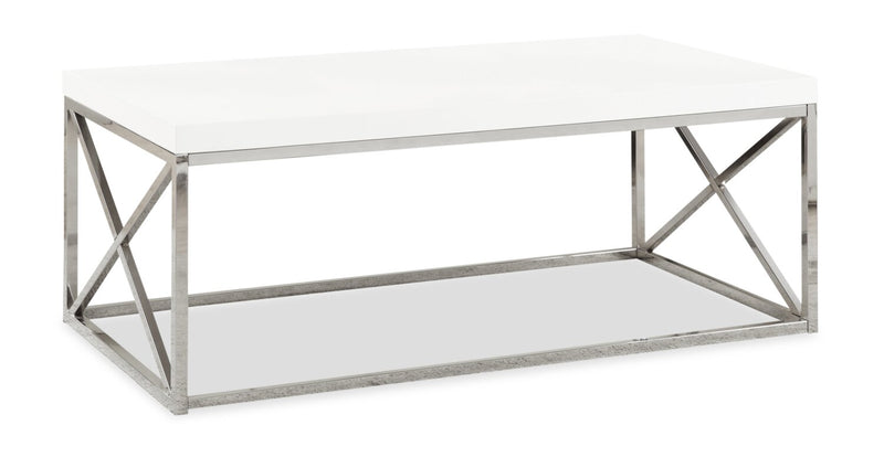 Table à café moderne Harper de 44 po - blanche avec base en métal chromé