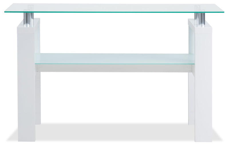 Table de salon moderne Harvy de 50 po avec dessus en verre et tablette - blanche 