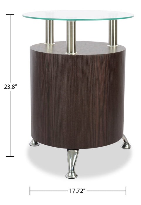 Table de bout ronde moderne Savon de 17,72 po avec dessus en verre et tablette - bois noyer foncé et chrome 