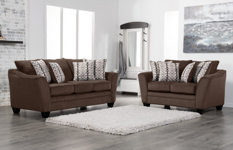 Sofa-lit double Febe de 85 po de format condo fabriqué au Canada en tissu de chenille avec accoudoirs évasés et coussins décoratifs - brun