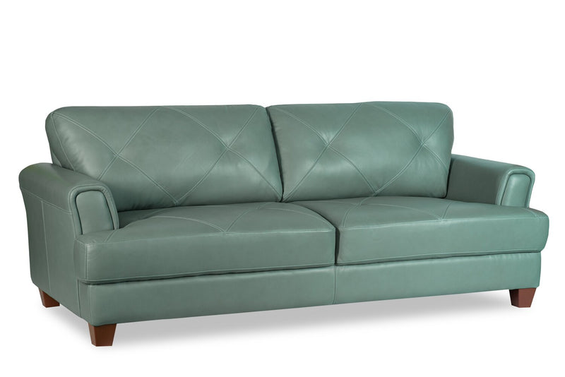 Sofa Vita de Château d’Ax de 87 po en cuir 100 % véritable avec coutures à motif de diamant et pattes en bois - vert écume de mer