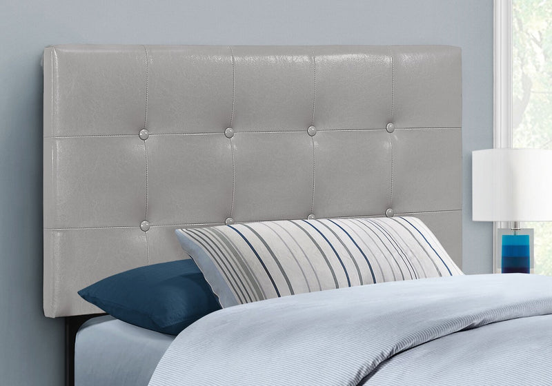 Tête de lit rembourrée Estel en tissu de cuir végétalien gris avec capitonnage à boutons - format lit simple
