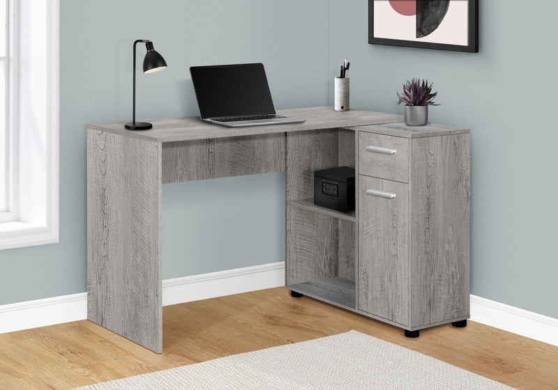 Bureau d’ordinateur en forme de L Bristol de 46 po avec tablettes, tiroir et armoire - gris