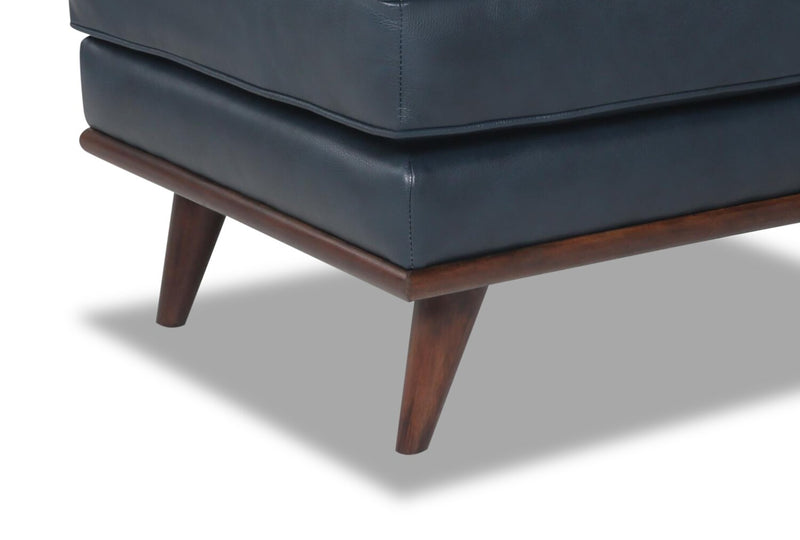 Pouf Vivia de 28 po en cuir véritable avec base en bois - bleu marine