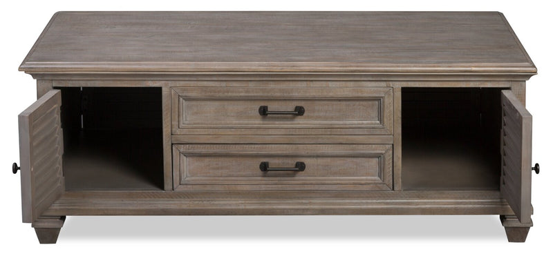 Table à café traditionnelle Lancaster de 50 po avec dessus relevable, rangement et roulettes - grise et pin bronze